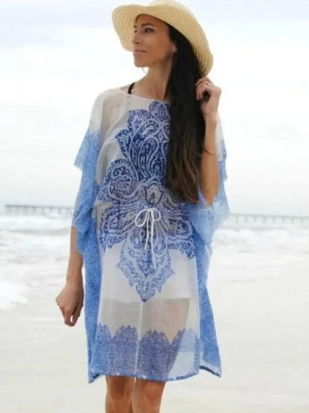 White & Blue Floral Print Beach Cover-Up Dress